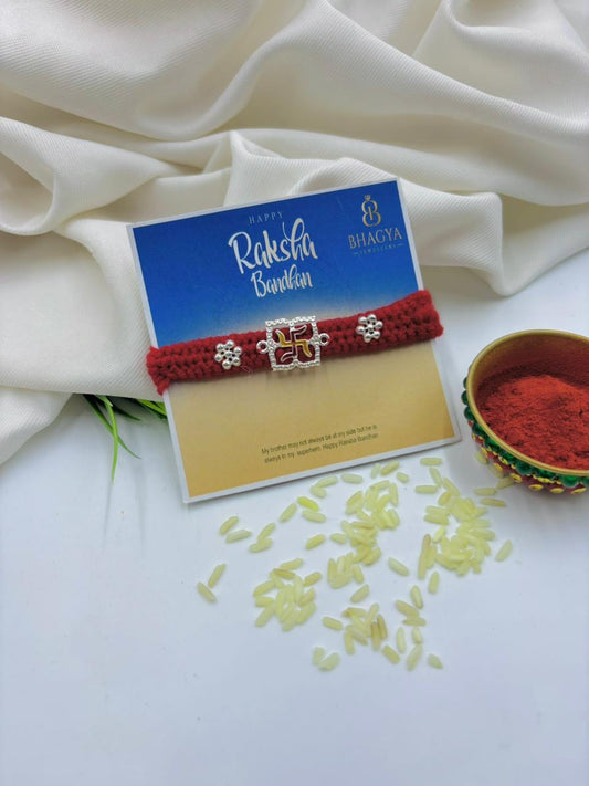 Premium Red Swastik Silver Rakhi