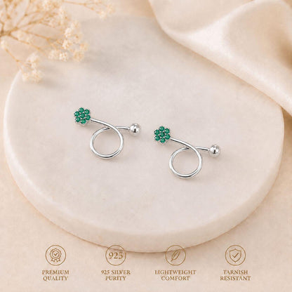 Elegant Green Floral Silver Ball Ear Cuff Earrings for Women