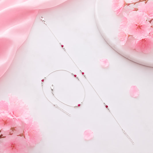 Elegant Silver Pink Beaded Payal for Women