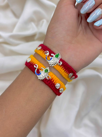 Premium Peacock Feather Om Silver Rakhi