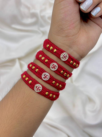 Premium Silver Swastik Rakhi with Golden Beads
