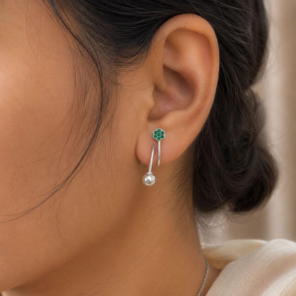 Elegant Green Floral Silver Ball Ear Cuff Earrings for Women